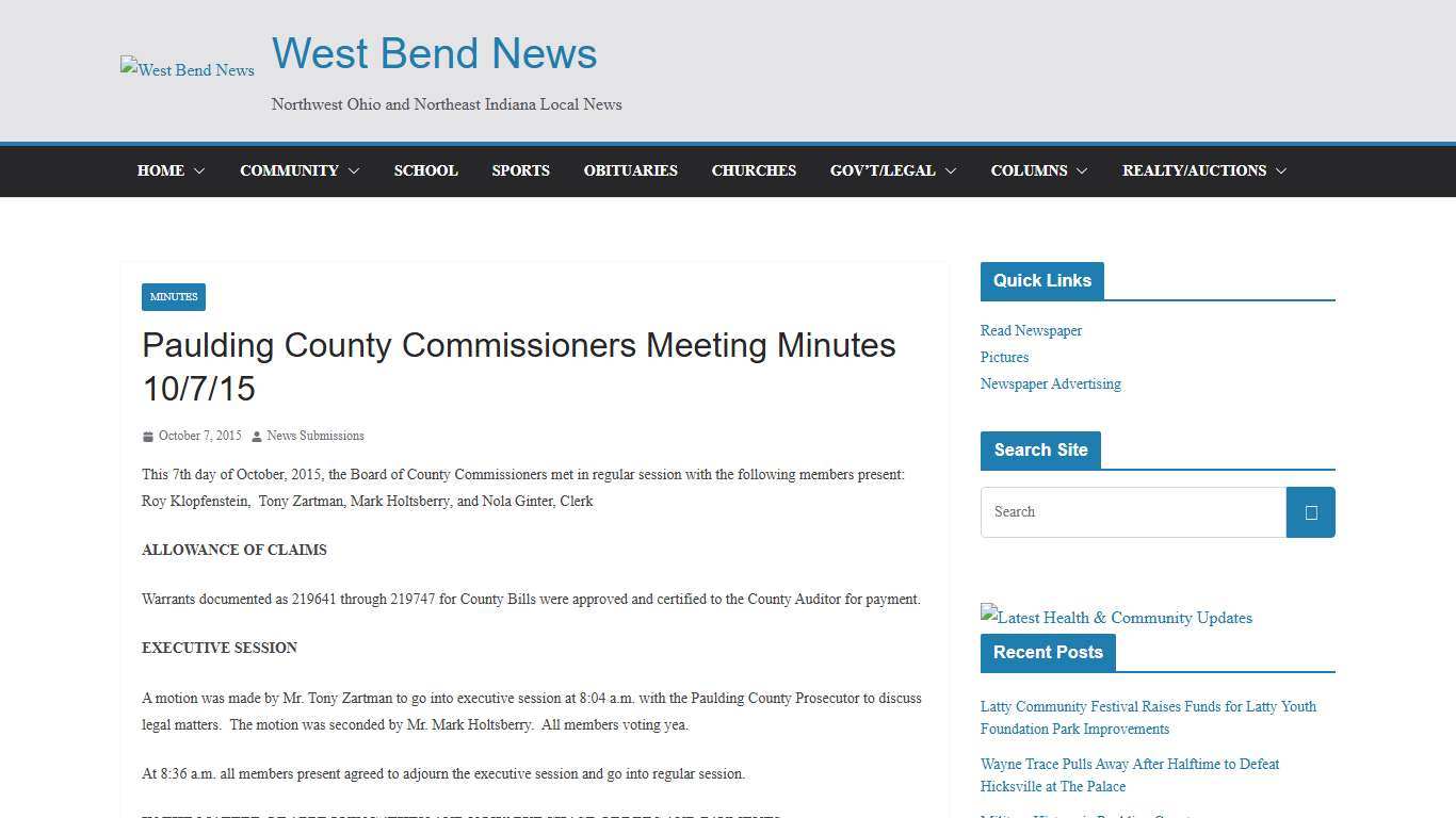 Paulding County Commissioners Meeting Minutes 10/7/15 | West Bend News